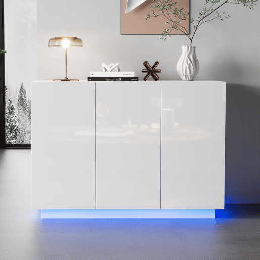 Aparador de painel de partículas com 3 portas e luz led,branco