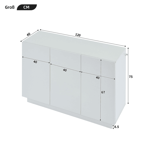 Aparador de painel de partículas com 3 portas e luz led,branco