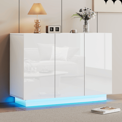 Aparador de painel de partículas com 3 portas e luz led,branco
