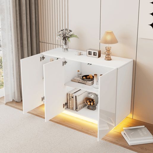 Aparador de painel de partículas com 3 portas e luz led,branco