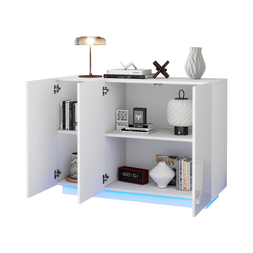 Aparador de painel de partículas com 3 portas e luz led,branco
