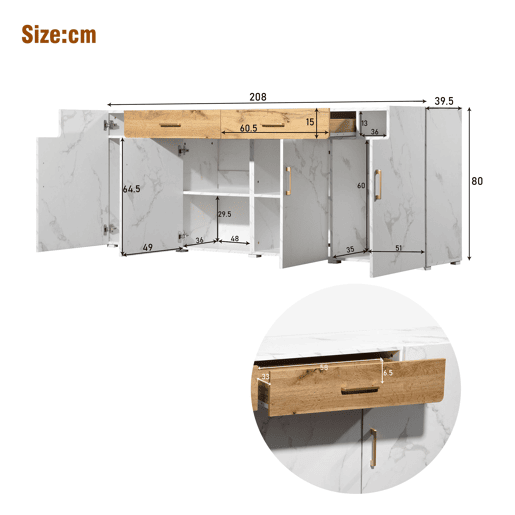 Aparador de painel de partículas com 4 portas e 2 gavetas,branco