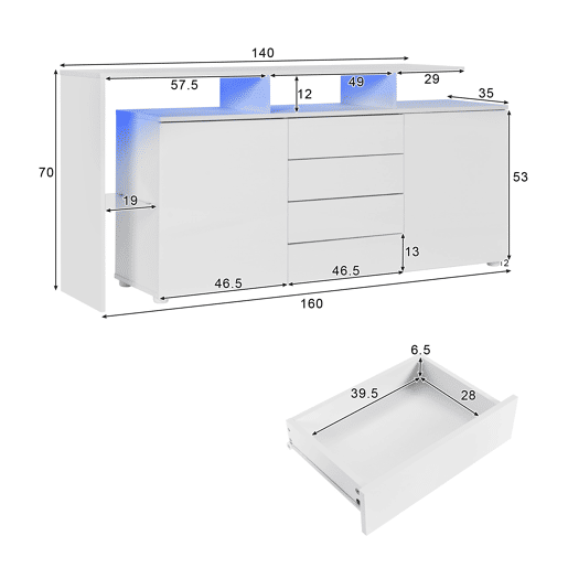 Aparador de painel de partículas com 2 portas,4 gavetas e luz led,branco