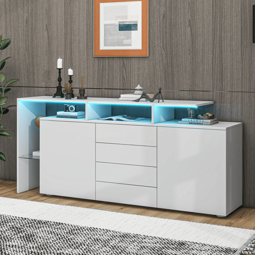 Aparador de painel de partículas com 2 portas,4 gavetas e luz led,branco