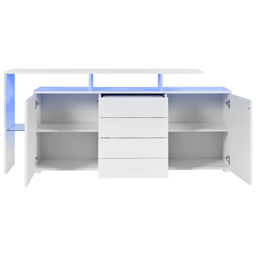 Aparador de painel de partículas com 2 portas,4 gavetas e luz led,branco