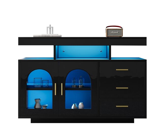 Aparador de panel de partículas con 2 puertas,3 cajones y luz led,negro