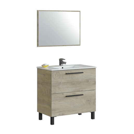 Móvel de banheiro Nubis Natural Style na cor carvalho do Alasca com 3 gavetas e espelho 80x86x45 cm (pia de cerâmica)