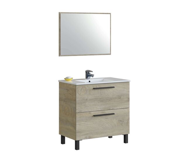 Mueble de baño nubis estilo natural en color roble alaska con 3 cajones y espejo 80x86x45 cm (lavabo opcional)