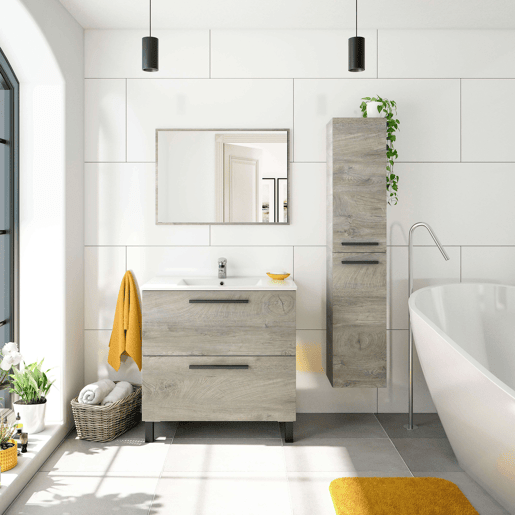 Móvel de banheiro Nubis Natural Style na cor carvalho do Alasca com 3 gavetas e espelho 80x86x45 cm (pia de cerâmica)
