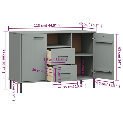 vidaXL Aparador c pernas de metal 113x40x77 madeira maciça OSLO cinza