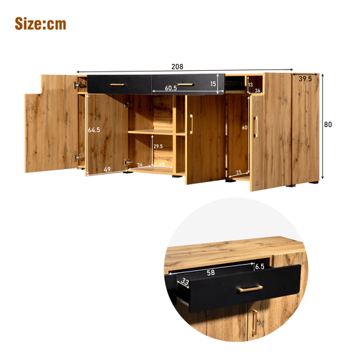 Aparador de painel de partículas com 4 portas e 2 gavetas,natural