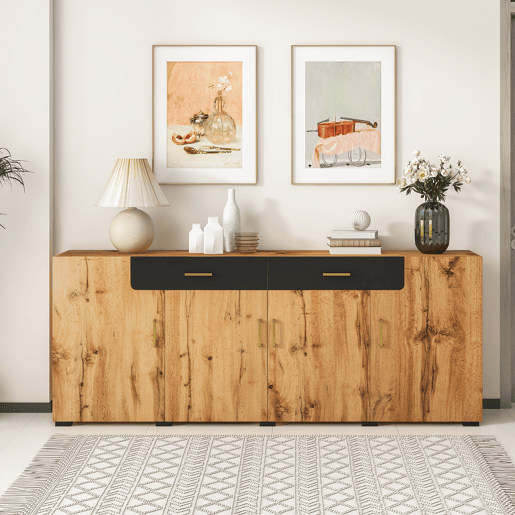 Aparador de painel de partículas com 4 portas e 2 gavetas,natural
