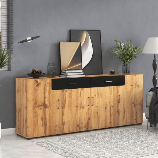Aparador de painel de partículas com 4 portas e 2 gavetas,natural