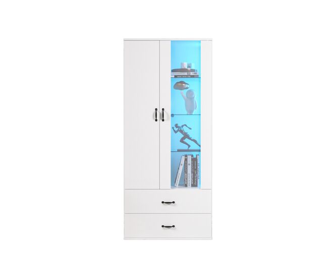 Vitrina de panel de partículas con 2 puertas,2 cajones y luz led,blanco