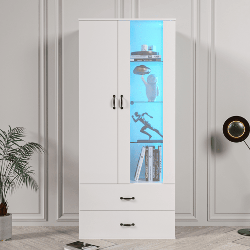 Vitrine de painel de partículas com 2 portas,2 gavetas e luz led,branco