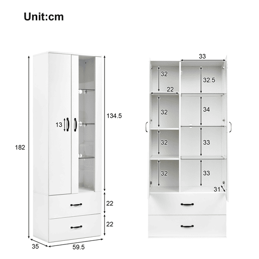 Vitrine de painel de partículas com 2 portas,2 gavetas e luz led,branco