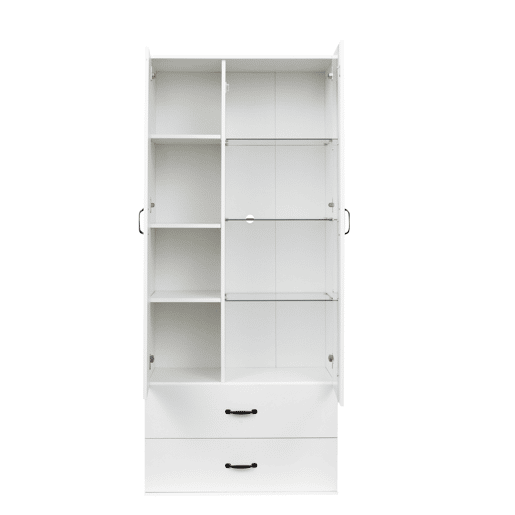 Vitrine de painel de partículas com 2 portas,2 gavetas e luz led,branco