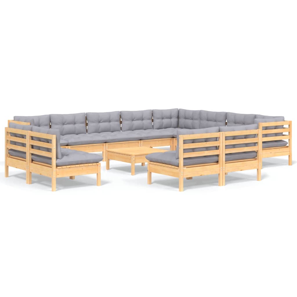 Muebles de jardín 13 pzas y cojines gris madera maciza pino