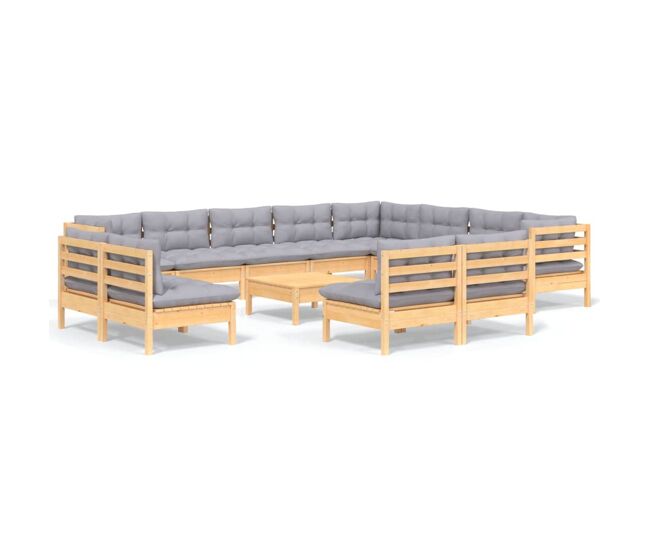 Muebles de jardín 13 pzas y cojines gris madera maciza pino