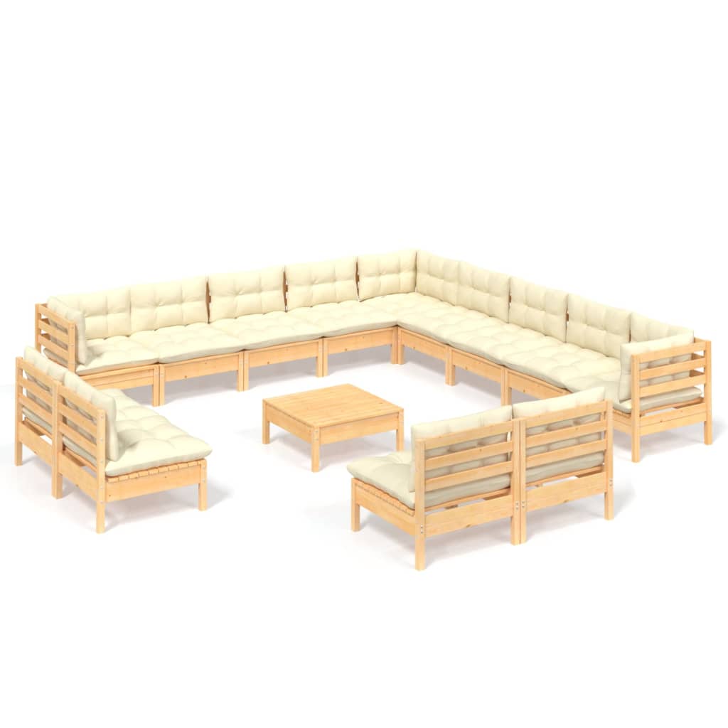 Muebles de jardín 14 piezas cojines madera maciza de pino crema