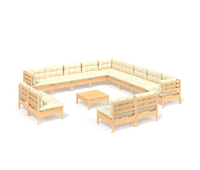 Muebles de jardín 14 piezas cojines madera maciza de pino crema