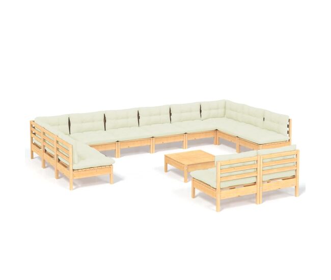 Muebles de jardín 13 pzas y cojines madera maciza de pino crema