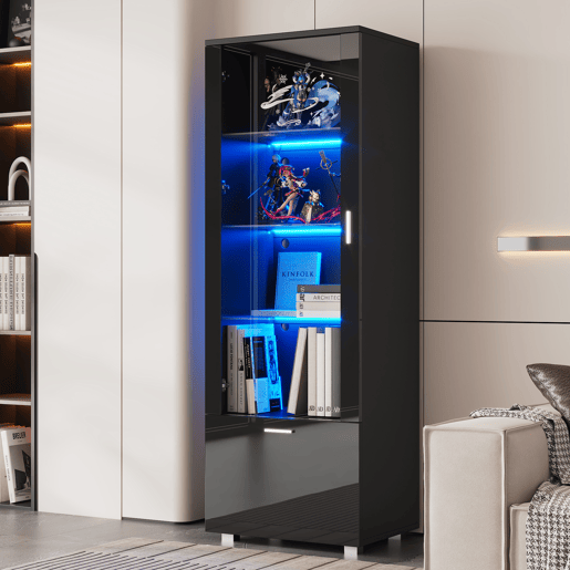 Vitrine de painel de partículas com 1 porta,1 gaveta e luz led,preto