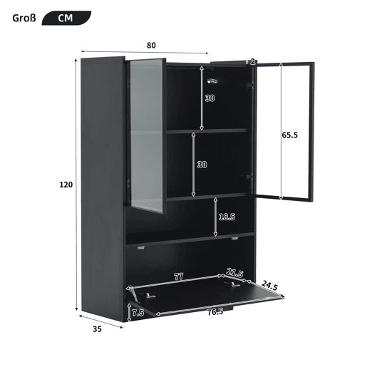Vitrine de painel de partículas com 3 portas e luz led,preto