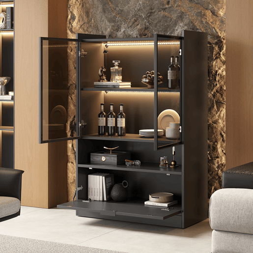 Vitrine de painel de partículas com 3 portas e luz led,preto
