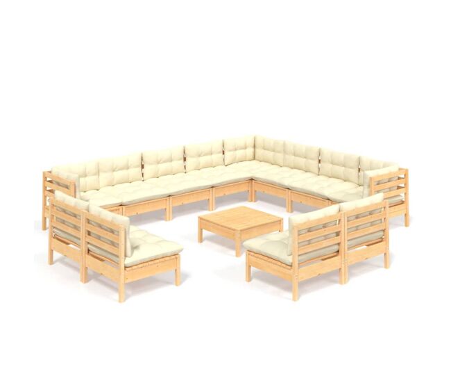 Muebles de jardín 13 piezas y cojines madera maciza pino crema