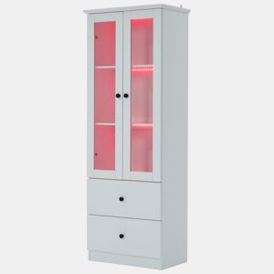 Vitrine de mdf e painel de partículas com 2 portas,2 gavetas e luz led,branco