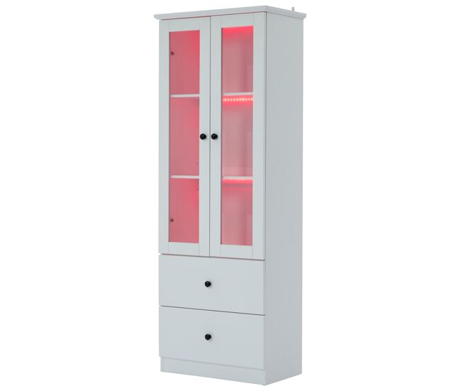Vitrina de mdf y panel de partículas con 2 puertas,2 cajones y luz led,blanco