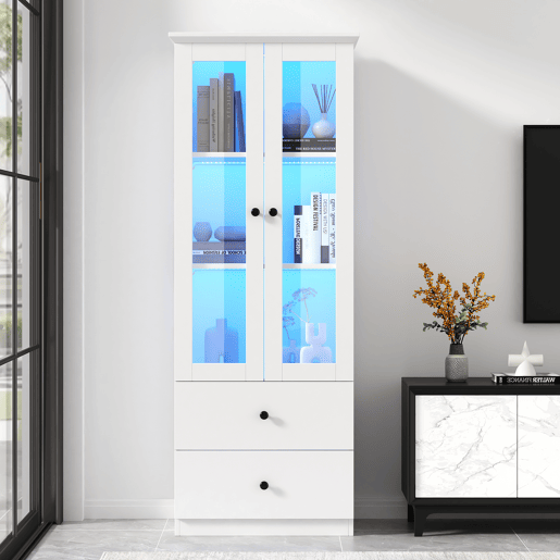Vitrine de mdf e painel de partículas com 2 portas,2 gavetas e luz led,branco