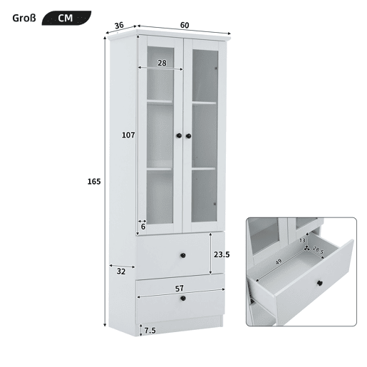 Vitrine de mdf e painel de partículas com 2 portas,2 gavetas e luz led,branco