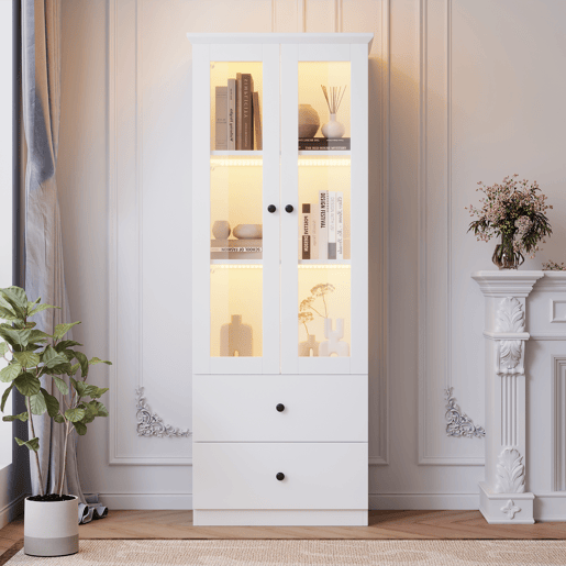 Vitrine de mdf e painel de partículas com 2 portas,2 gavetas e luz led,branco
