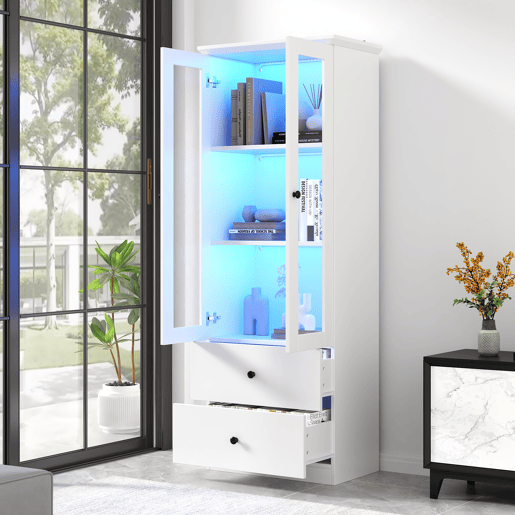 Vitrine de mdf e painel de partículas com 2 portas,2 gavetas e luz led,branco