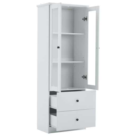 Vitrine de mdf e painel de partículas com 2 portas,2 gavetas e luz led,branco