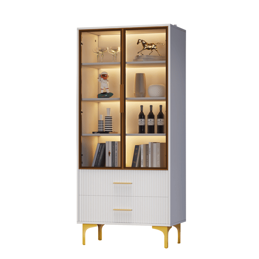 Vitrine de painel de partículas com 2 portas,2 gavetas e luz led,branco