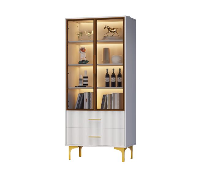 Vitrina de panel de partículas con 2 puertas,2 cajones y luz led,blanco