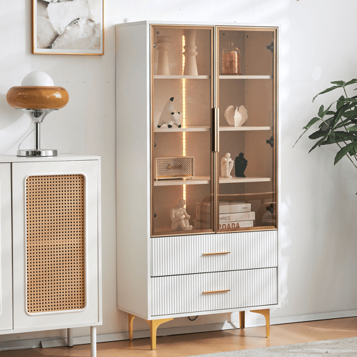 Vitrine de painel de partículas com 2 portas,2 gavetas e luz led,branco