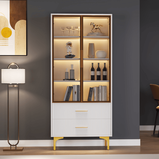 Vitrine de painel de partículas com 2 portas,2 gavetas e luz led,branco