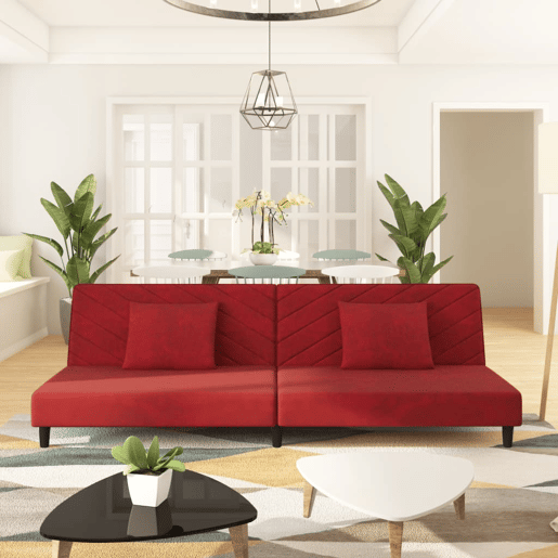 Sofá-cama, Sofá conversível 2 lugares com duas almofadas veludo vermelho tinto Sofá-cama, Sofá conversível 2 lugares com duas almofadas veludo vermelho tinto