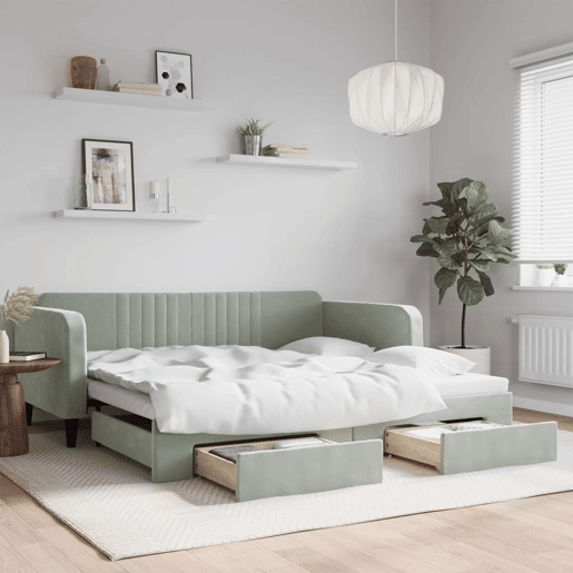 Sofá-cama, Sofá conversível c gavetão e gavetas 100x200 cm veludo cinzento-claro Sofá-cama, Sofá conversível c gavetão e gavetas 100x200 cm veludo cinzento-claro