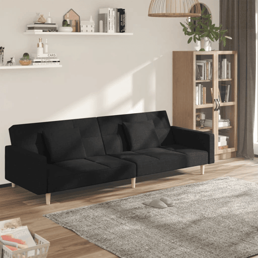 Sofá-cama, Sofá conversível 2 lugares com duas almofadas tecido preto