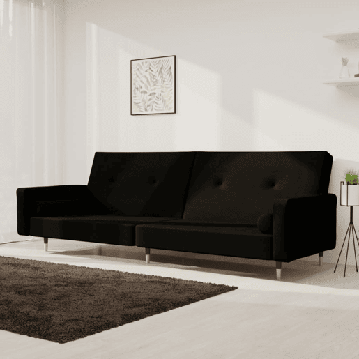 Sofá-cama, Sofá conversível 2 lugares com duas almofadas veludo preto Sofá-cama, Sofá conversível 2 lugares com duas almofadas veludo preto