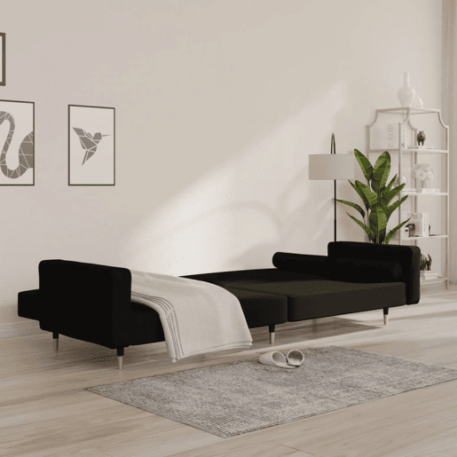 Sofá-cama, Sofá conversível 2 lugares com duas almofadas veludo preto Sofá-cama, Sofá conversível 2 lugares com duas almofadas veludo preto