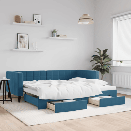 Sofá-cama, Sofá conversível com gavetão e gavetas 90x200 cm veludo azul