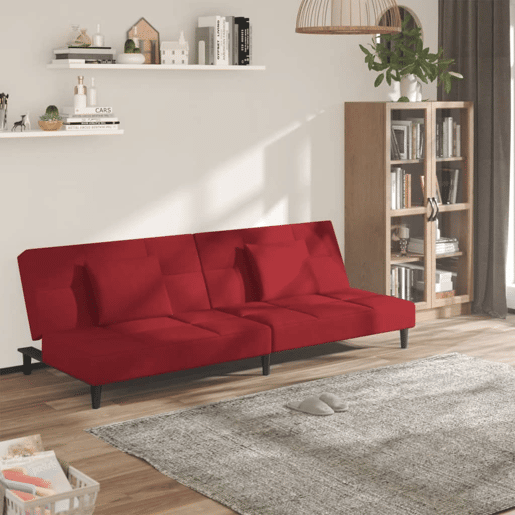 Sofá-cama, Sofá conversível 2 lugares com duas almofadas veludo vermelho tinto