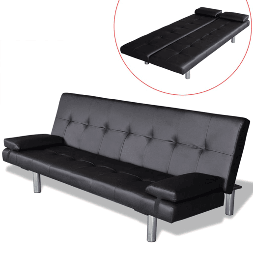 Sofá-cama, Sofá conversível ajustável com 2 almofadas couro artificial preto