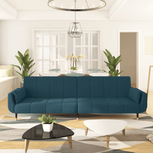 Sofá-cama, Sofá conversível 2 lugares com duas almofadas veludo azul